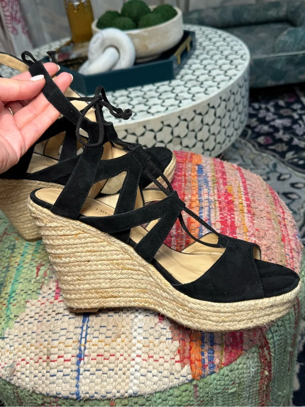 Ivanka Trump Black Suede Lace-Up Espadrille Wedges‎